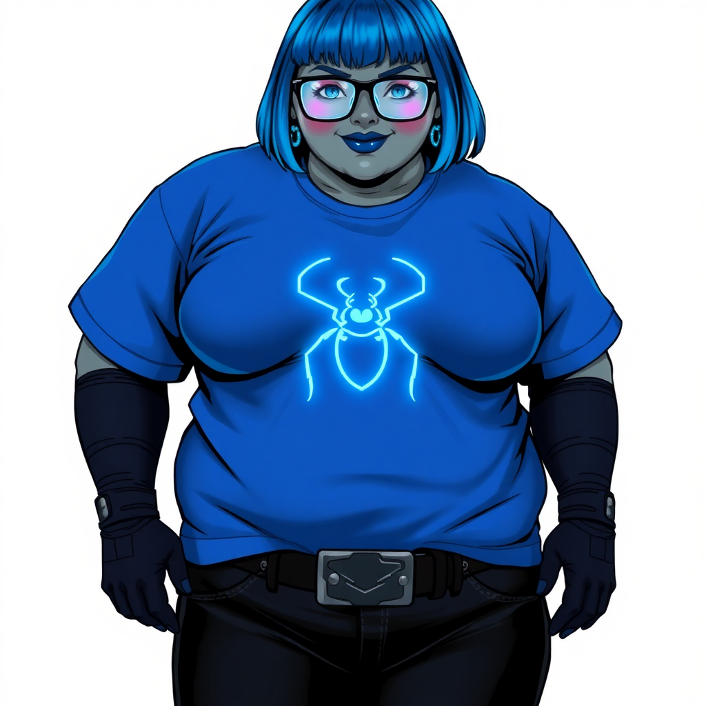 A 28-year-old, full-figured, metallic middle gray skinned cyberpunk computer program hybrid with a short maximum blue bob cut. She has a non-athletic build, highlighted by a prominent, round midsection (with a focus on her round belly). As a digital sidekick to her cyberpunk vigilante boyfriend, her middle gray metallic skin and maximum blue lipstick emphasize her digital nature. She wears a digital, computerized, huge, tight-fitting, maximum blue t-shirt (accentuating her belly) with a neon blue glowing chest icon of a beetle, black pants, a black belt with a neon blue glowing beetle buckle, and black gloves. Her bright blue eyes, black eyeglasses with lenses glowing bright neon blue, and shy smile with neon red blush accentuate her nerdiness. She bashfully bows her head (while still facing the screen) with her hands behind her back, her t-shirt covers her midsection (especially her belly) and emphasizing her full-figured, non-athletic physique. She is on a solid white background. She is drawn as if she was in a retro 2D cyberpunk fighting game. She is clearly non-athletic, with a focus on her full figure. Make sure her outfit covers all of her bare skin (especially her midsection).