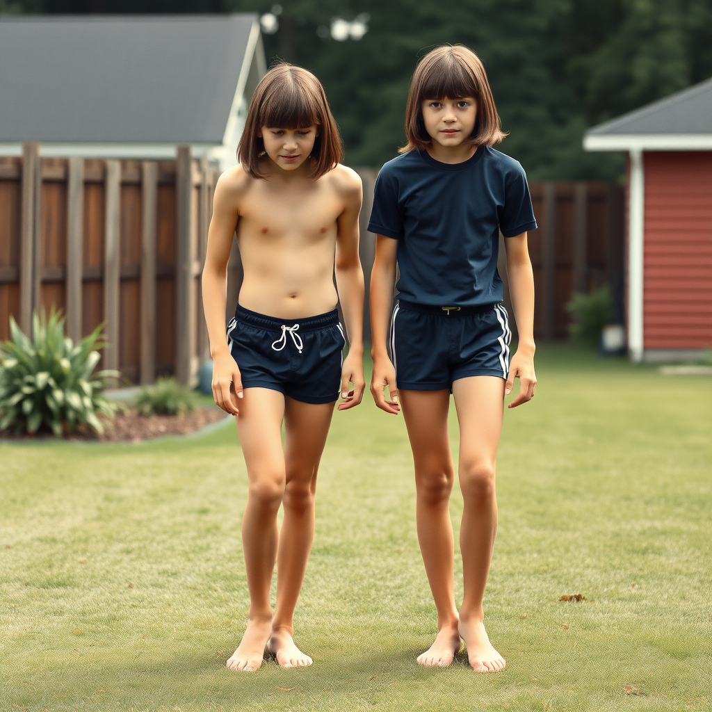 two tall 14yo teen boys, long hair bob cut, wearing very tight adidas shorts, long legs, narrow thighs, full-length front view. 1970s. Playing at backyard. photorealistic, ultra high resolution, 16K, Negative: grainy, blurry, bad anatomy, extra limbs, watermark.