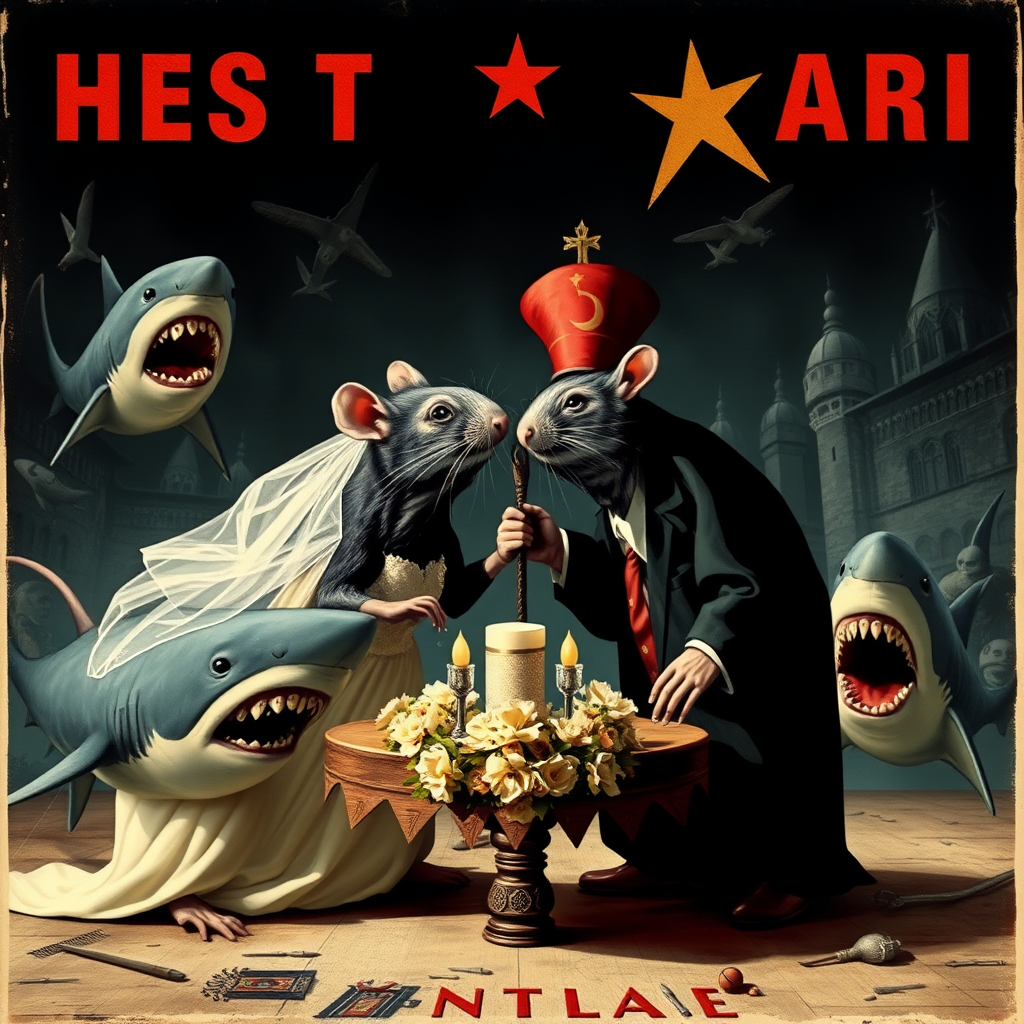 A rat wedding being attacked by sharks, Catholic, Soviet propaganda poster, steam punk