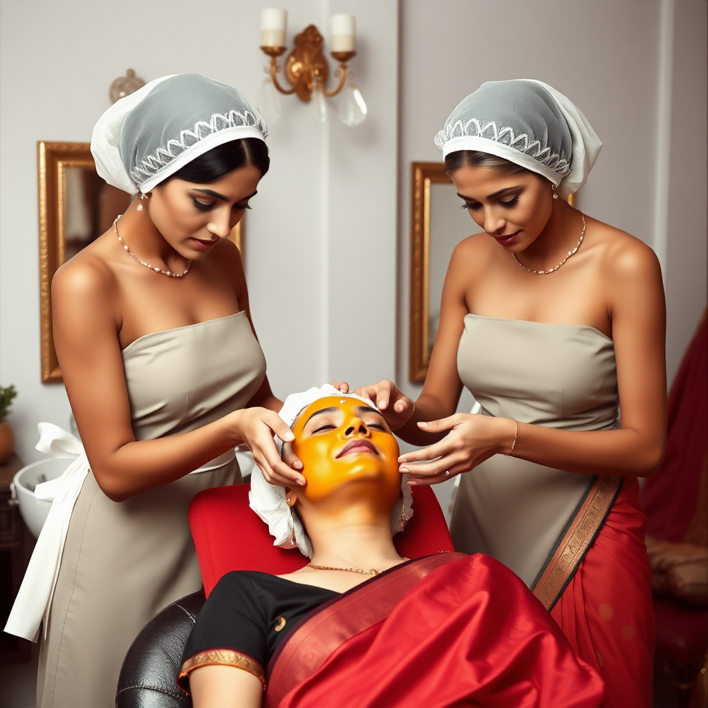 2 slim French maids, wearing hair nets, working in a beauty parlor, giving a turmeric facial to a rich, traditional Indian wife.