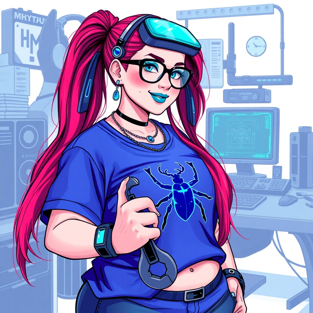 A cyberpunk vigilante’s full-figured intelligent and tech-savvy 29-year-old girlfriend, who is a computer hacker and tech genius. She has a long ruby red ponytail streaked with sky blue. She wears maximum blue lipstick, blue eyes, a sapphire beetle gemstone necklace, sapphire earrings, black eyeglasses, a futuristic holographic wristwatch computer, and an oversized maximum blue t-shirt featuring a neon blue beetle chest emblem. She has a full-figured, well-rounded physique with a prominent, round midsection, reflecting her well-cared-for lifestyle. Her round midsection is broadened and bloated to emphasize her figure. She sports a sapphire headset with a high-tech maximum turquoise lensed HUD, and a shy smile with a neon red blush. She is holding a futuristic hi-tech wrench while standing in her workshop in front of her computer desk and work bench. The background is solid white. She is drawn as if she was in a retro 2D cyberpunk fighting game.