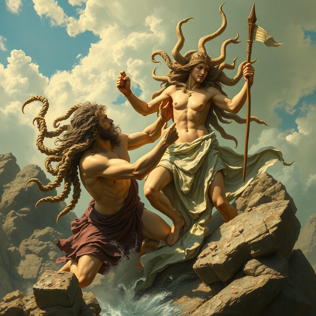 Thesus is fighting with Medusa (woman).