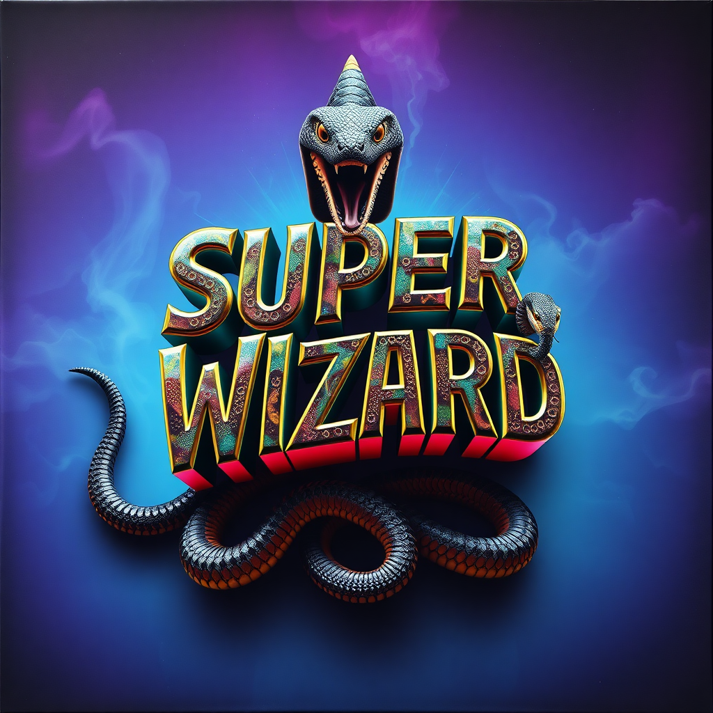 Album cover that says "Super Wizard" in a hyper real 3D font made out of cobras