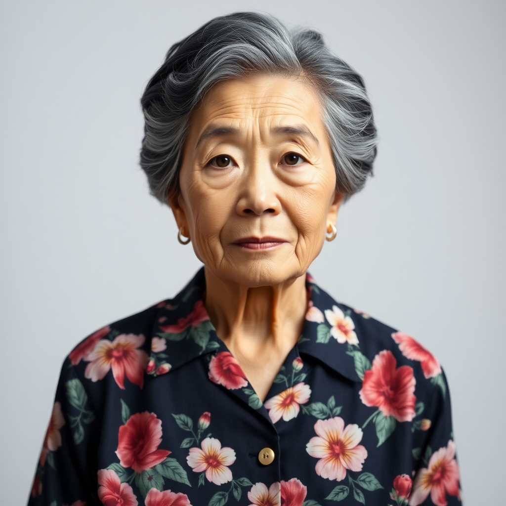 80 age old korean woman, front, flower shirt, photo studio background, Short permed hair, black and white hair