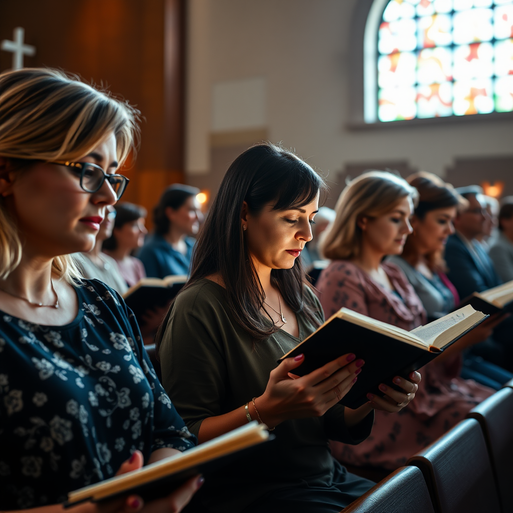 A banner with an image of several women reading their Bibles in a service in an evangelical church, digital art style, ultra detailed, cinematic lights, high quality, 8K