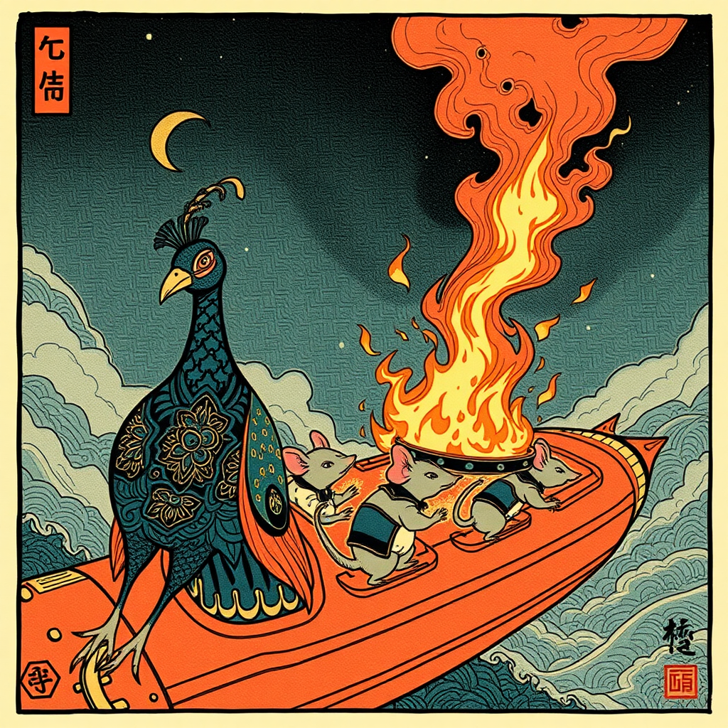 A tattooed peacock saving well-dressed rats from a burning spaceship, Chinese woodcut,