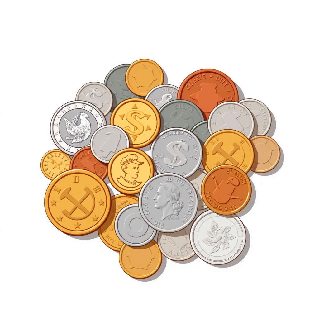 Create a stylized, illustrated or vector art stock image depicting an assortment of various coins. The image should feature a diverse collection of coin designs and denominations, without showcasing any specific national currency. Arrange the coins in an aesthetically pleasing, minimalist composition with a clean background. Give the image an illustrated or vector art style, rather than a photorealistic appearance. The final result should have the look and feel of a professional, commercial stock illustration.