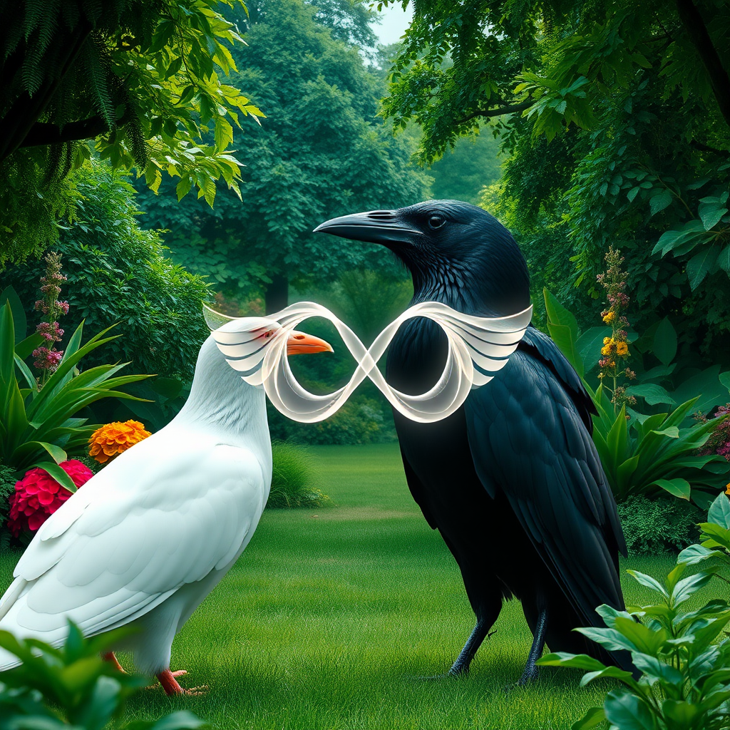 a huge white dove and a huge black crow standing facing each other within a clearing in an incredible lush garden. The beak of the dove is touching the beak of the crow. There is an abstract infinity symbol of wavy, transparent light energy that crosses as the beaks and moves into the bodies of the birds