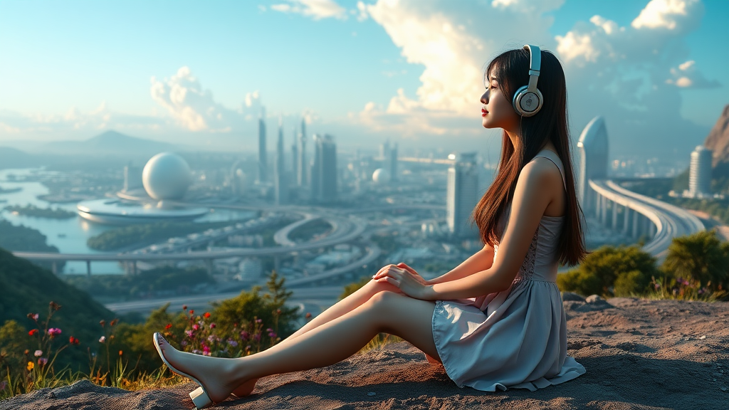 pretty Asian woman with long hair in a pretty short dress, sitting on the ground with headphones, on an alien planet with a futuristic city featuring nice greenery, flowers, waterscapes, and beautiful clouds, highways and streets, ultra-realistic view and ultra-high cinematic detail