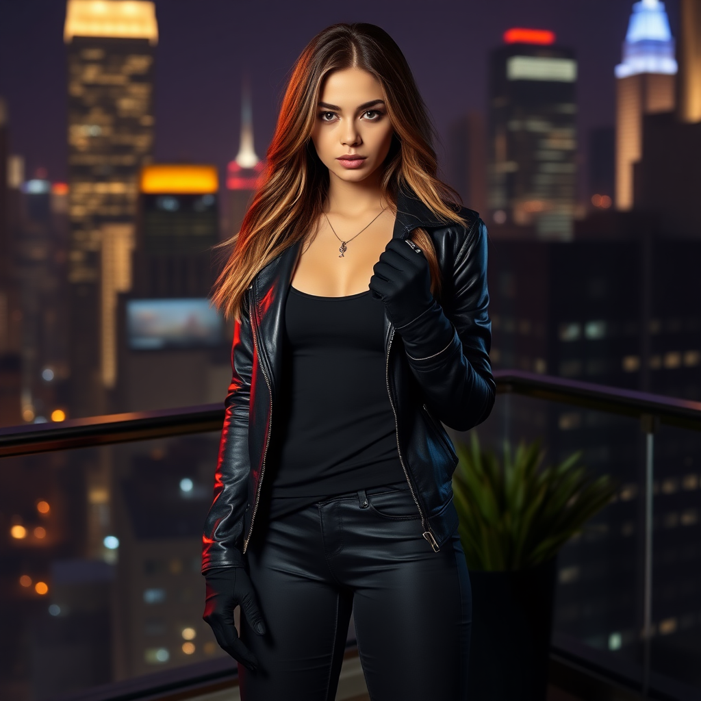 A beautiful and hot thief girl in black leather jacket over black t-shirt with black tight jeans and gloves standing in a Manhattan penthouse at night.