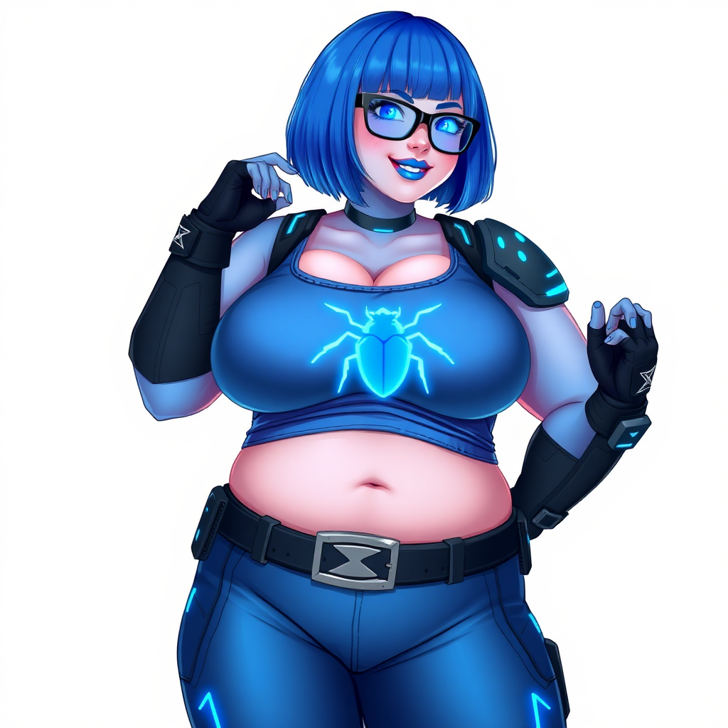 A 28-year-old, full-figured, metallic maximum blue (5PB 5/10) skinned computer program hybrid with a maximum blue bob cut. She has a non-athletic build, highlighted by a prominent, round, large midsection (with a full emphasis on her round large belly), which shows the effects of her love of junk food acquired from her boyfriend. As the full-figured, nerdy, digital sidekick to her cyberpunk vigilante boyfriend, her metallic maximum blue skin and maximum blue lipstick (5PB 5/12) emphasize her digital nature. Her skin has a subtle, animated glow, with digital patterns occasionally flickering across it, making her digital nature obvious. She wears a digital, computerized costume, consisting of a huge, tight-fitting, maximum blue tank top (5PB 5/10) with a neon blue glowing chest icon of a beetle, hi-tech shoulder pads with neon blue accents, a black hi-tech belt with a digital neon blue glowing buckle, digital maximum blue pants (5PB 5/12) with neon blue accents, and black hi-tech fingerless biker gloves with neon blue glowing accents. Her neon blue glowing eyes, black eyeglasses with neon blue glowing lenses equipped with a built-in HUD, and bashful smile with neon red blush accentuate her nerdiness. She stands bashfully with one hand behind her back and the other hand gently touching her cheek, her costume covering all her skin and fully emphasizing her full-figured physique (especially her belly). She is clearly non-athletic, with a focus on her full-figured physique. Despite her build, she radiates beauty. She has a slim face compared to her physique, accentuating her radiant beauty. She is on a solid white background. She is drawn as if she were in a retro 2D cyberpunk fighting game. Ensure her skin has a maximum blue (5PB 5/10) skin tone.