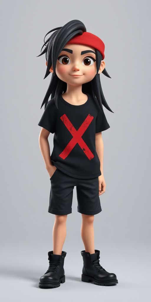 3D ANIMATION LIKE PIXAR A BOY, 20 YEARS OLD, LONG BLACK HAIR, RED HEADBAND, BLACK T-SHIRT WITH WORD "X" ON IT IN RED, BLACK SHORT PANTS, BLACK BOOT