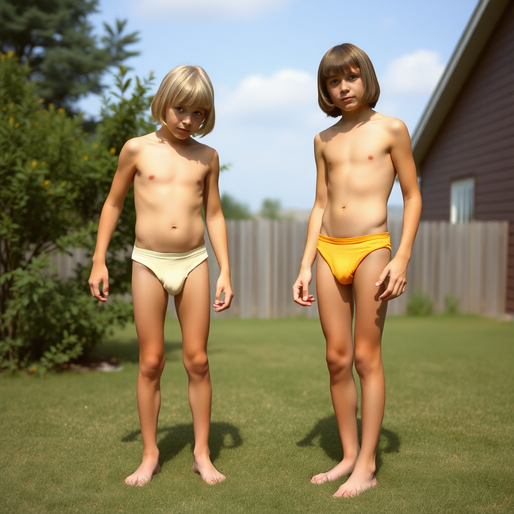 Two tall 14-year-old teen boys, long hair bob cut, wearing very tight briefs, long legs, narrow thighs, full-length front view. 1970s. Playing in the backyard. Photorealistic, ultra high resolution, 16K. Negative: grainy, blurry, bad anatomy, extra limbs, watermark.