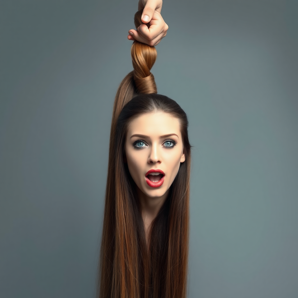 Surreal image of a very long haired woman's beautiful disembodied head hanging by her very long hair. Her very long hair is gathered at the top of her head into a long ponytail that stretches upward into a grasped hand. Plain gray background. She has an aroused expression on her face while biting her lip.