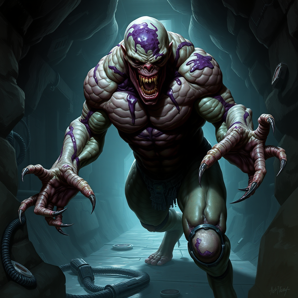 Sci-fi digital horror painting. Heavily mutated crew member, skin covered with sturdy scales, his body and limbs elongated and twisted while muscles ever tensing. Aggressive violent snarl on face. One hand has long sharp claws while the other looks relatively normal. Dark purple goo oozing all over him. Dark rocky industrial corridor.