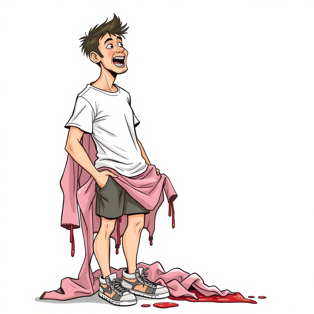 nervous short 20 year old european skinny man, short white t-shirt, standing, stunned, mesmerized, joyful, aroused, heavy drooling, heavy sweating, fumbling through a small heap of sexy woman heavily stained lingerie, detailed fabric, side view, sneakers, detailed feet, 2D, caricature, cartoon, Sketch lines, coloring book, coloring book