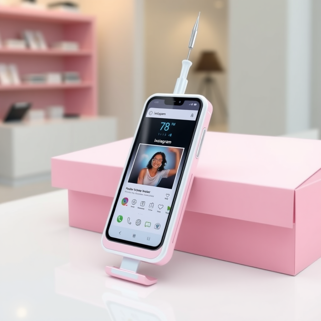 A close-up straight front view of a mobile phone in the shape inspired by a syringe, white pink futuristic, kept for sale leaning to a box, in a showroom, metallic body, touchscreen phone with Instagram page open on the screen, needle on top, whitepunk.