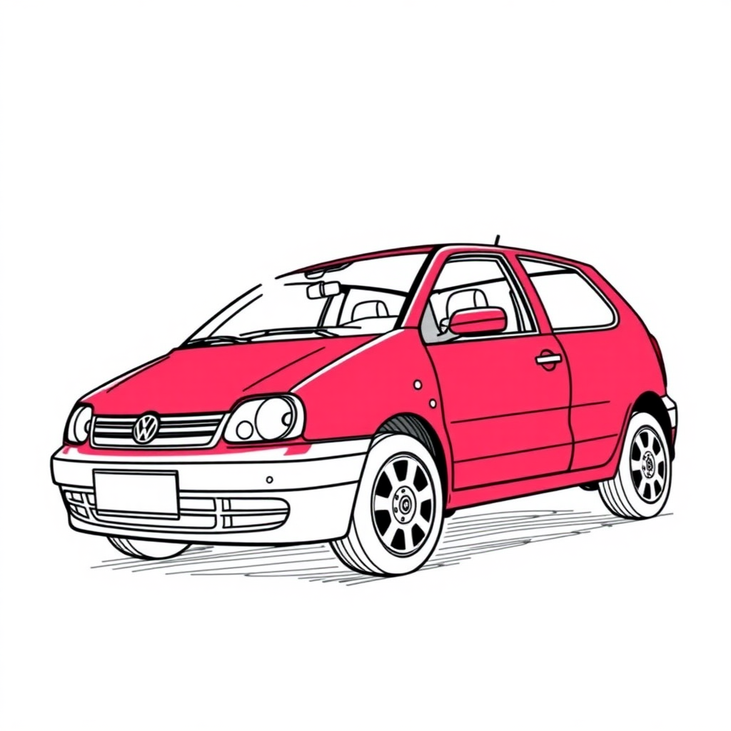 red vw polo II car, driver's door wide open, long establishing shot, 2D, caricature, cartoon, Sketch lines, coloring book, coloring book style on white background, well composed, clean coloring book page, No dither, no gradient, strong outline, No fill, No solids, vector illustration, realistic proportions, blueprint, left side view