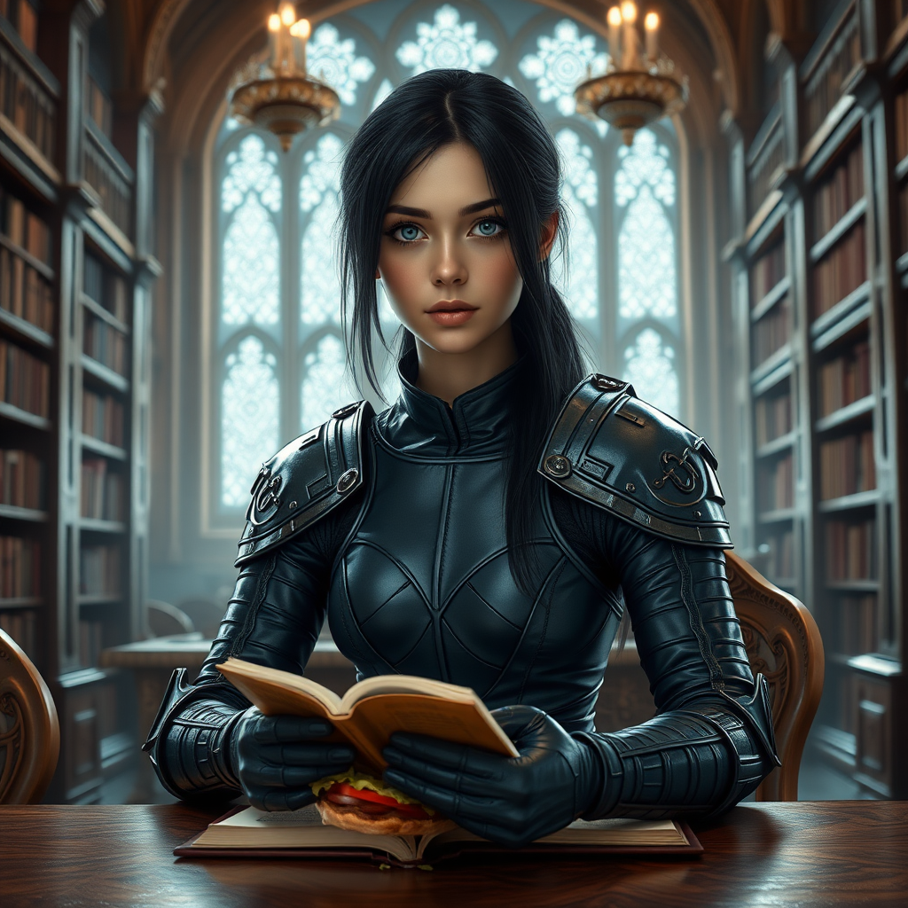 beautiful young woman, dark hair past her shoulders, blue eyes, small, slim figure, wearing full leather armor suit, sitting, sandwich on the table, reading a book, in a grand old library.