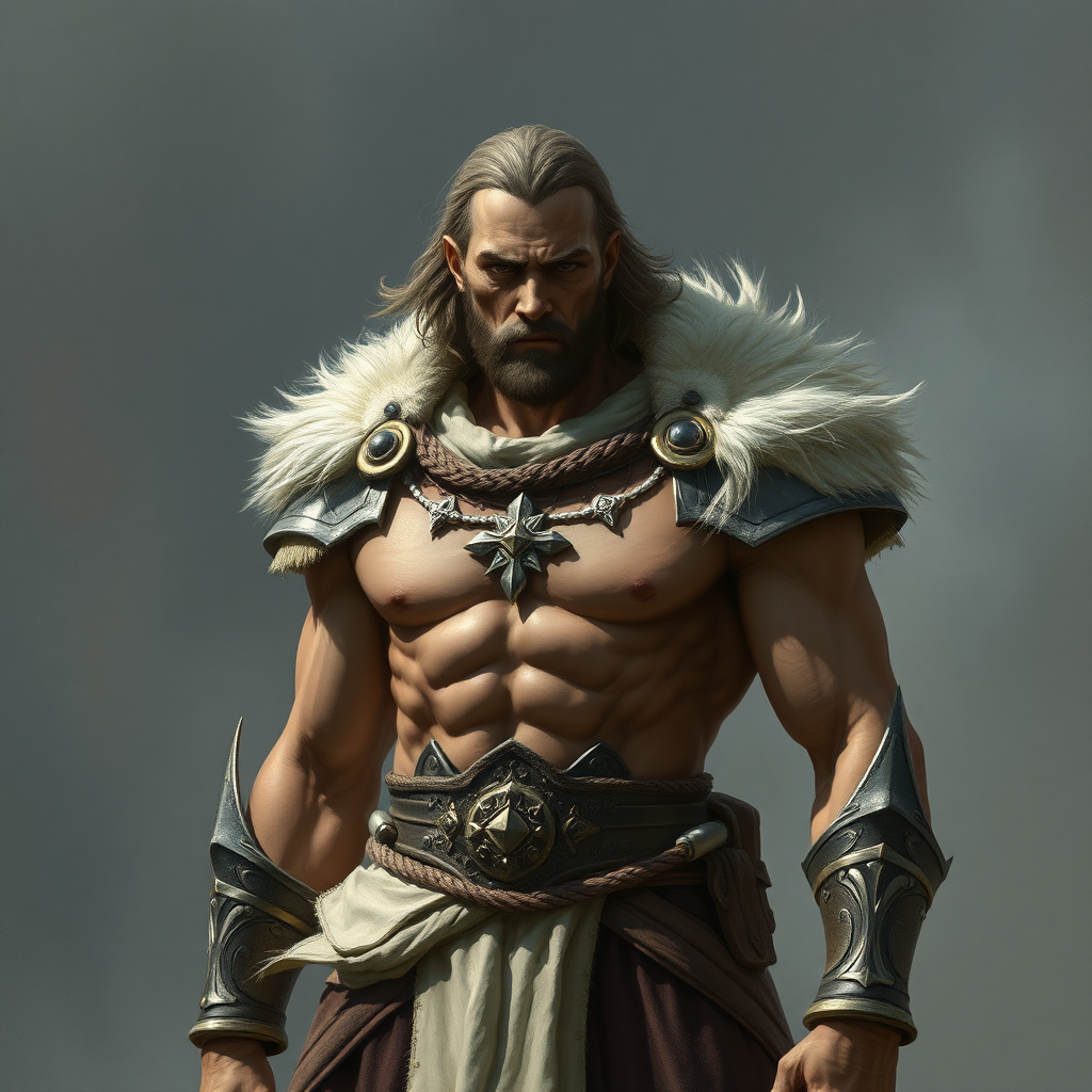 a warrior with a magnificent chest of the Aasimar race