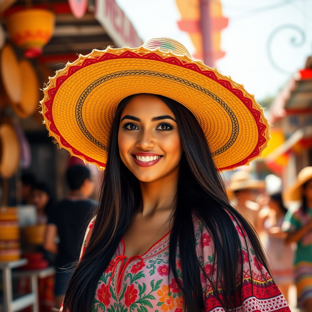 In the vibrant heart of a lively Mexican market, a broad and expansive sombrero hat, adorned with intricate patterns of bright reds and deep greens, casts a soft shadow over the sun-kissed skin of a young lady. Her long, flowing black hair cascades down her shoulders, shimmering in the golden sunlight as she playfully tilts the hat, creating a charming, whimsical aura. The straw of the sombrero is woven tightly, its texture slightly coarse but cool against the warm afternoon breeze. Around her, colorful stalls burst with the scents of freshly made tortillas and sweet churros, and the cheerful sounds of laughter and music fill the air. The young lady stands confidently, her vibrant embroidered blouse billowing softly as she addresses a group of friends, her eyes sparkling with joy and mischief, embodying the spirit of celebration in this bustling scene.