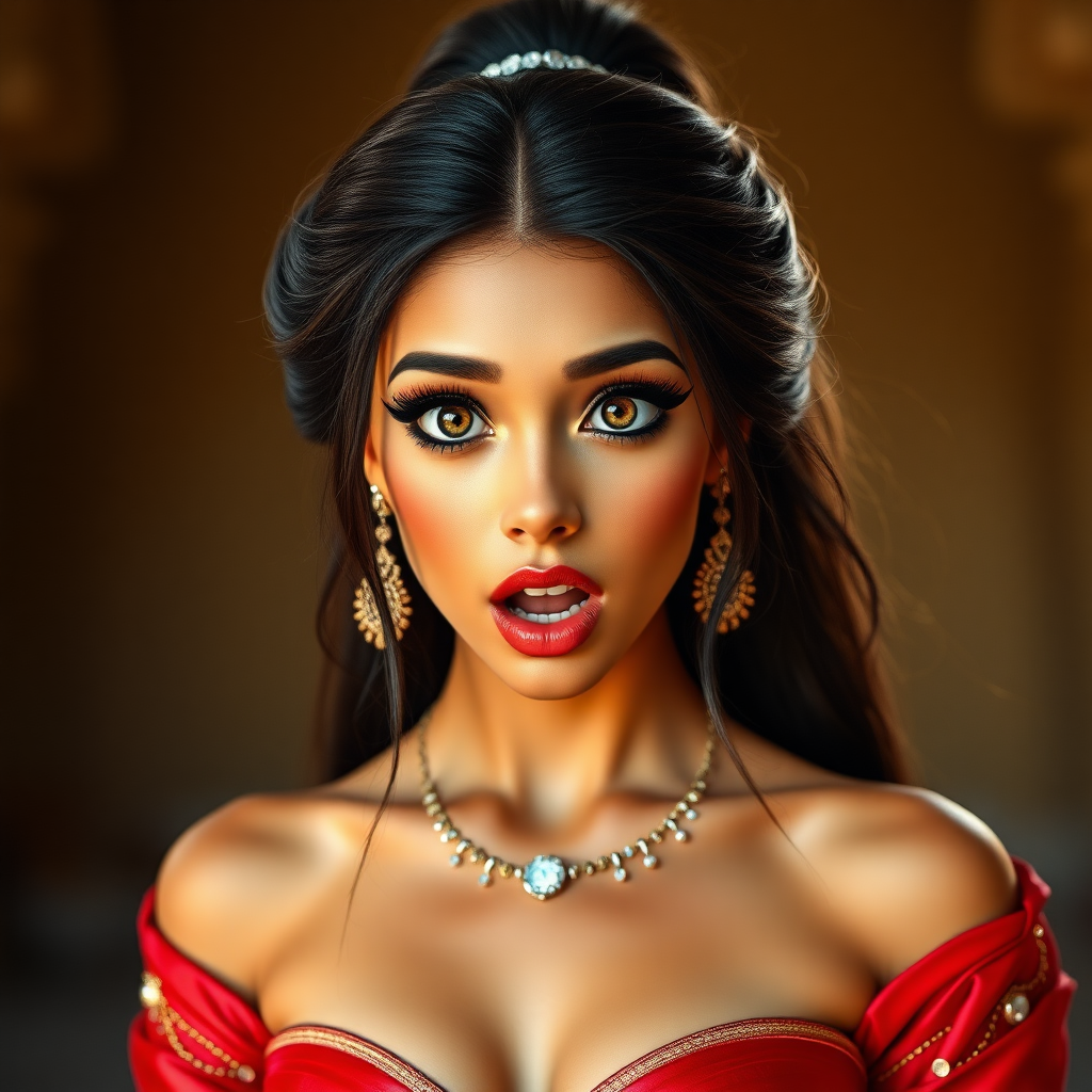 surprised Arabian girl with mouth open. She has very large eyes, black eyeshadow, black eyeliner, fake eyelashes, very tanned skin, very long hair. very high ponytail, princess jasmine, red off shoulder shinny crop top. photo realistic