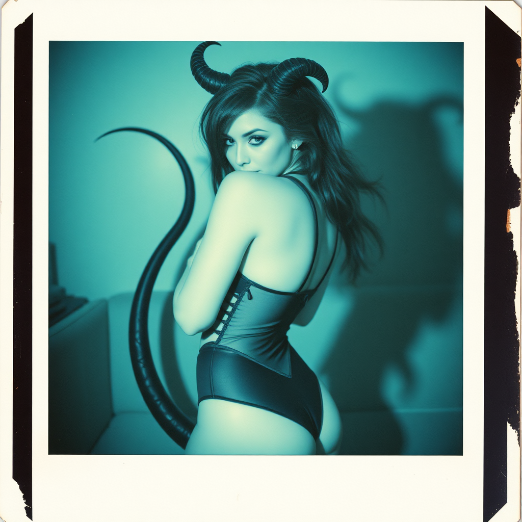 scan of polaroid photograph with visible wear and blue green color tint and heavy vignetting and light leaks depicting a sexy succubus girl with black tail with spade end in bodysuit