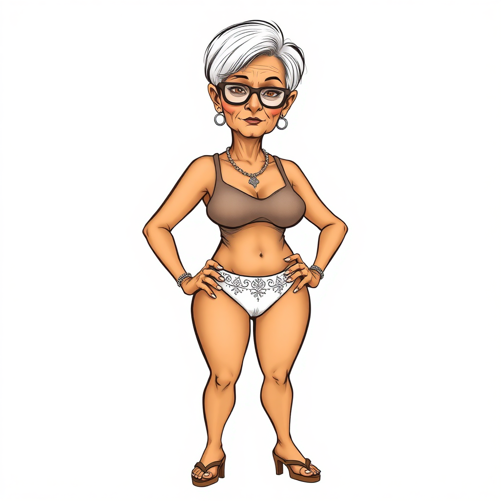 a towering 55 Years old, fit, slim, European, Latina, sharp aquiline nose, wrinkles, high cheekbones, Middle Eastern, Skinny, Tanned skin, Dark light skin, Rounded Medium breasts, Skinny thighs, full Makeup, jewelry, Serious face, Sharp nose, Ash hair, short bowl haircut, Brown eye color, Glasses, with detailed features. Hands on hips, she is wearing a transparent brown tight tank top and tight white embroidered thong, detailed fabric. full body, high heels sandals, she is gesturing at the viewer, long establishing shot, 2D, caricature, cartoon, Sketch lines, coloring book, nlack and white, coloring book style on white background, well composed, clean coloring book page, No dither, no gradient, strong outline, No fill, No solids, vector illustration, realistic proportions