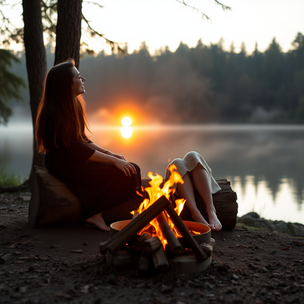 A young woman and her male friend sitting on a trunk. A fireplace is on the ground at the shore of a lake. She has long brunette hair. She is wearing a dress. Barefoot. They are laughing together. The sinking sun is falling through the trees. A little fog is rising from the lake. Light like in a fairy tale, romantic. Photo.