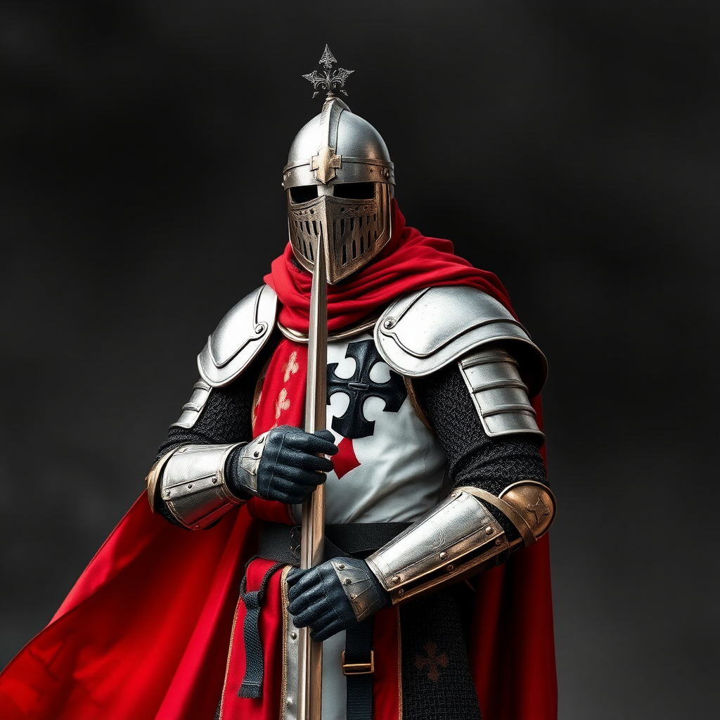 A knight of the Teutonic Order in black, white, and red colors, the background in black, white, and red colors. Realistic photo.