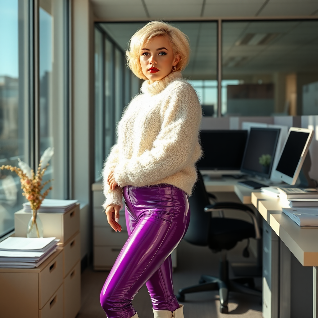 Sunny spring morning, modern glass-steel-concrete office, standing gracefully at Xerox: Nina, 17 years old very convincing femboy, tamed servile docile, very beautiful feminine flawless face, rather short, by hormones very curvaceous womanly figured, platinum blond short tight curls, French nails, bold red lips, heavily made-up face, 80s fluffy very fuzzy bright white angora extremely-cropped batwing-sweater with oversized fuzzy turtleneck, purple shiny vinyl leggings, white boots with golden high heels, white pearl belly piercing, gold earrings, seductively looking at camera. Full view.