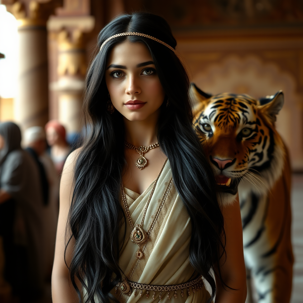 An Arabic princess of 19 years standing in the palace. Long black hair. A tiger on her side is protecting her. Photo.