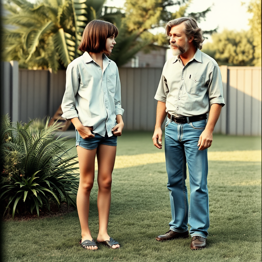 tall 14yo teen boy, long hair bob cut, wearing shirt and very tight booty shorts, long legs, narrow thighs, full-length front view. with bearded father wearing shirt, long jeans, shoes. looking at each other. 1970s. At backyard.
photorealistic, ultra high resolution, 16K,
Negative: grainy, blurry, bad anatomy, extra limbs, watermark.