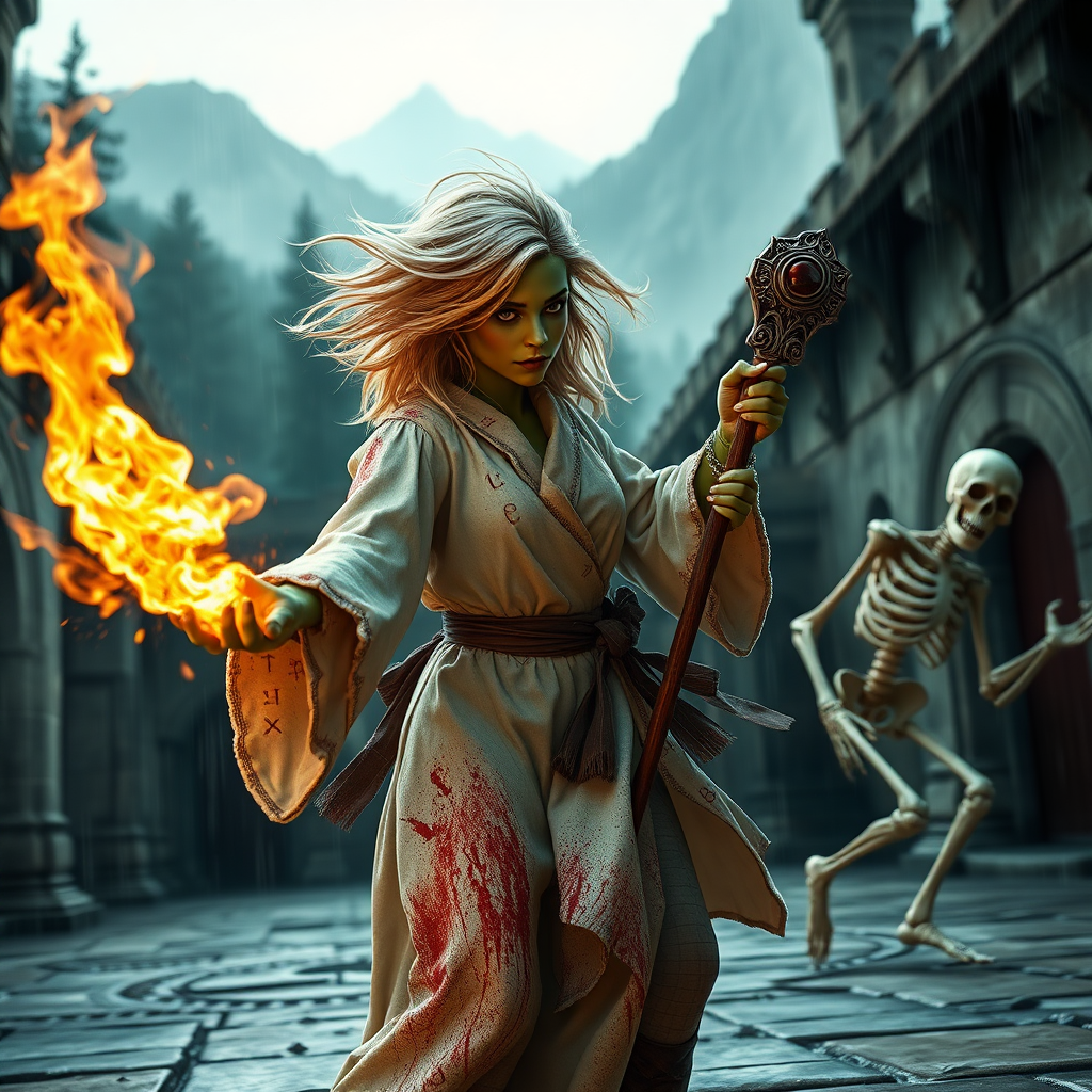 A full body shot of a pretty twenty-something female orc wizard with a face resembling (Ana de Armas). Green skin. Casting a fireball spell at a skeleton that is running toward her. Strawberry blonde messy shoulder-length hair tussled by wind. White robes covered in runes, magic aura swirling around her visibly, magic staff with a gem. It is dawn. She is bleeding, and covered in soot and dirt. Inside a castle courtyard. Forest and mountains, rain. Hyper-realistic, photorealistic digital matte painting, soft focus, film grain, lens flare. Gritty, dirty, scuffed.