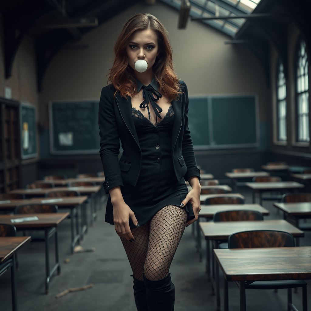 emma watson as hermione granger in goth clothes, brown hair, seductive, chewing bubble gum, black eyeliner, fishnets, high heel boots, revealing hogwarts uniform, cleavage, full body shot, erotic, teasing, dark moody abandoned hogwarts classroom in background, photorealistic, ultra high resolution, 16K