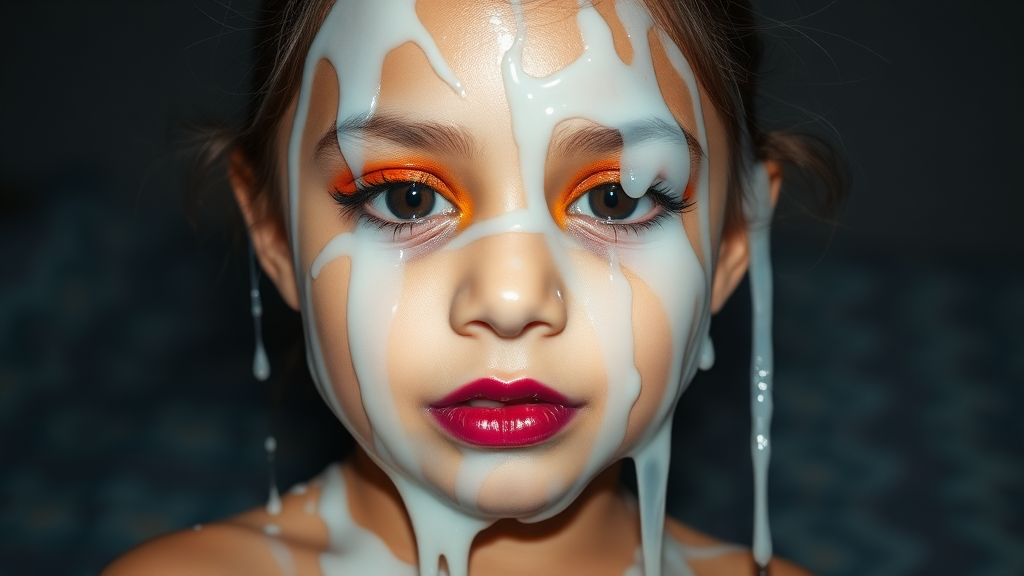 four-year-old-latina-female-child.  
She is wearing intense-orange-glitter-eyeshadow, thick-winged-eyeliner with very-dramatic-eyeliner-wings, and dark-burgundy-glossy-lipstick.  
Her face is covered with very thick random-angle streams of goopy, stringy, glistening, clear liquid with a white hue.  
Her lips are coated with the goopy liquid.  
She has stringy streams covering her eyes.  
She has stringy streams covering her mouth.  
She appears to have received a facial.  
Cum art.  
They dumped so much goopy liquid on her face.  
Full-body-image, dark motel room at night, amateur flash photography, up-angle-shot, profile view.  