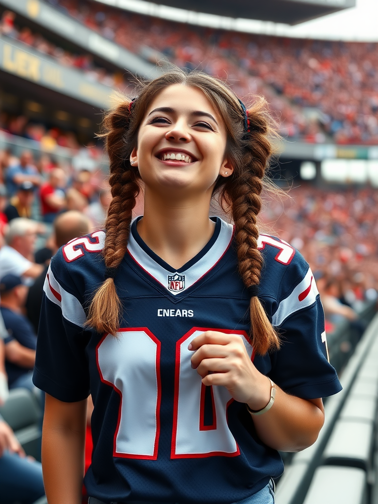 Attractive female NFL fan, pigtail hair, jersey, huge tits, reacting to a victory, crowded stadium bleachers