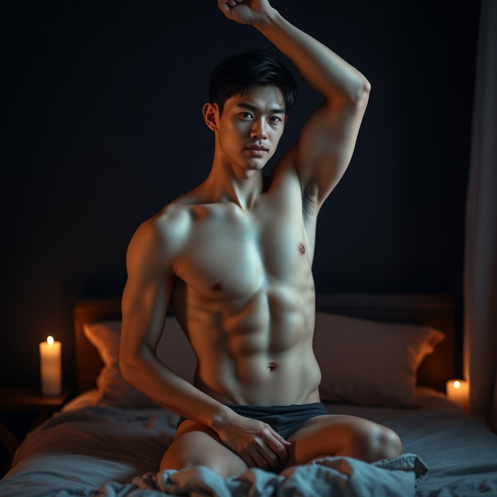 lean fit muscular asian males, athlete swimmer, short hairs, fair skins, good looking figures, hang out on bed no cloths, inside dark room, low light, candles around the room. real photo, high detail, high quality