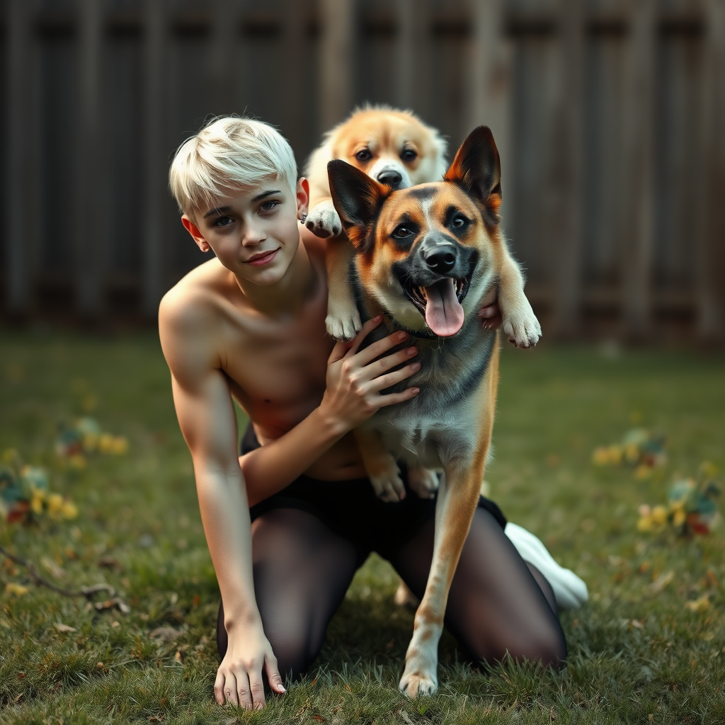 photorealistic, ultra high resolution, 16K, surreal fantasy, studio lighting, a pretty 16 year old goth male, slim male physique, short blonde hair, goth makeup, earrings, pantyhose, white ballet shoes, playing with his dog in the yard - he is kneeling forward, while the dog stands up behind him and rests its paws on the boy's shoulders, excited smile, facing the camera.