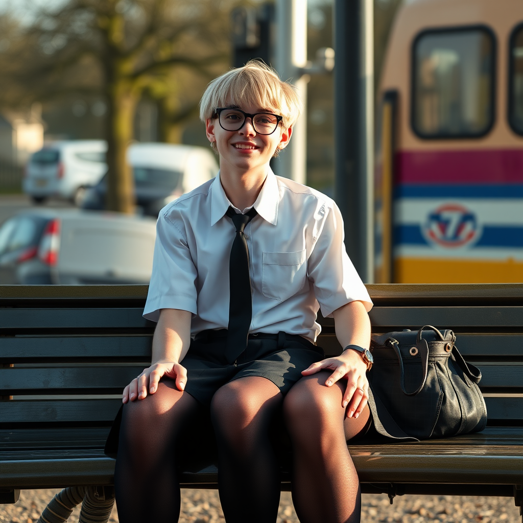 photorealistic, ultra high resolution, 16K, surreal fantasy, soft studio lighting, a pretty 18 year old goth male, slim male physique, short blonde hair, black glasses, goth makeup, earrings, shiny black pantyhose, UK girls-school uniform, Mary-Jane shoes, sitting on his boyfriends lap on a bench waiting for the school bus, in daylight, excited smile, facing the camera.