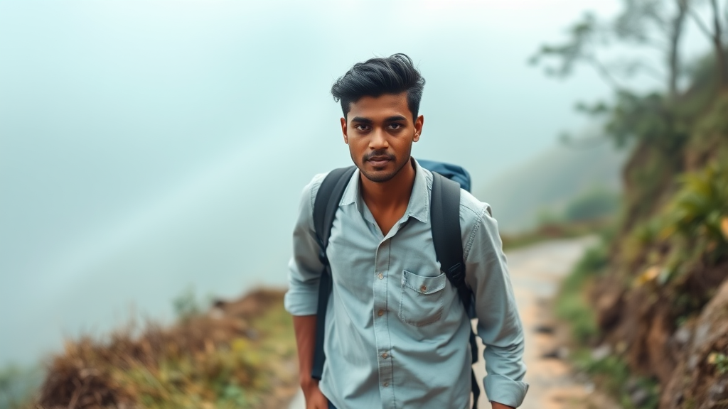 A 25-year-old Kerala man, wearing a light shirt and dark pants, walks alone on a misty mountain path. His medium brown skin glows softly in the early morning light, and his short black hair moves gently with the breeze. He has a calm, introspective expression, carrying a backpack over one shoulder. The camera captures his steady walk, focusing on his facial features and contemplative demeanor. And handsome attractive.