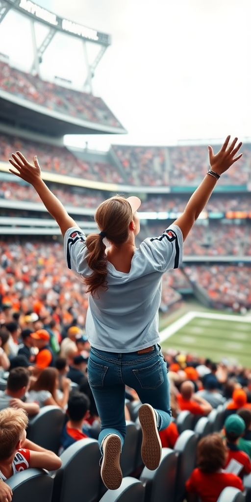 Attractive female NFL fan, pigtail hair, inside crowded bleachers, jumping inside the crowd, arms raised, NFL stadium