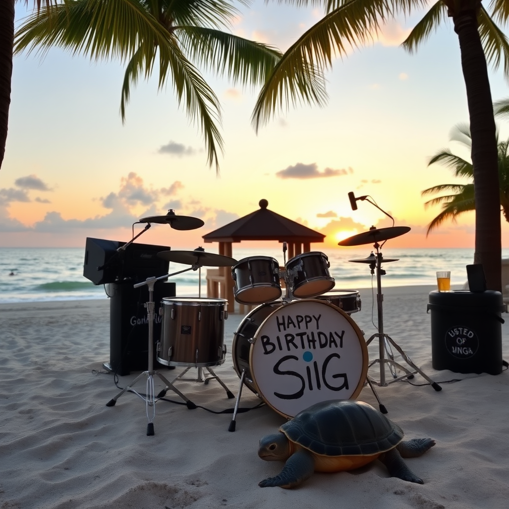 Drumset on beach with palm trees and a bar, white bass drum spelling the words "Happy Birthday Sigi" at sunset, turtle.