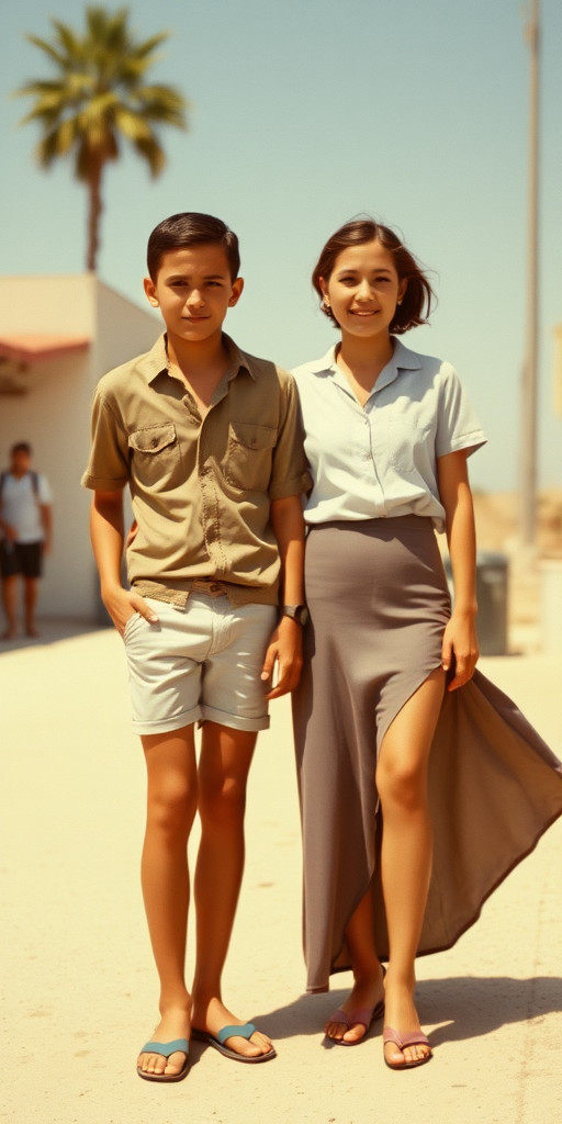 Vintage photo, 1980s. Hot summer. Algeria. A tall skinny 13yo teen boy wearing short shirt, tight booty shorts, long legs, bare thighs. With a girl wearing shirt, long skirt. Full length view.