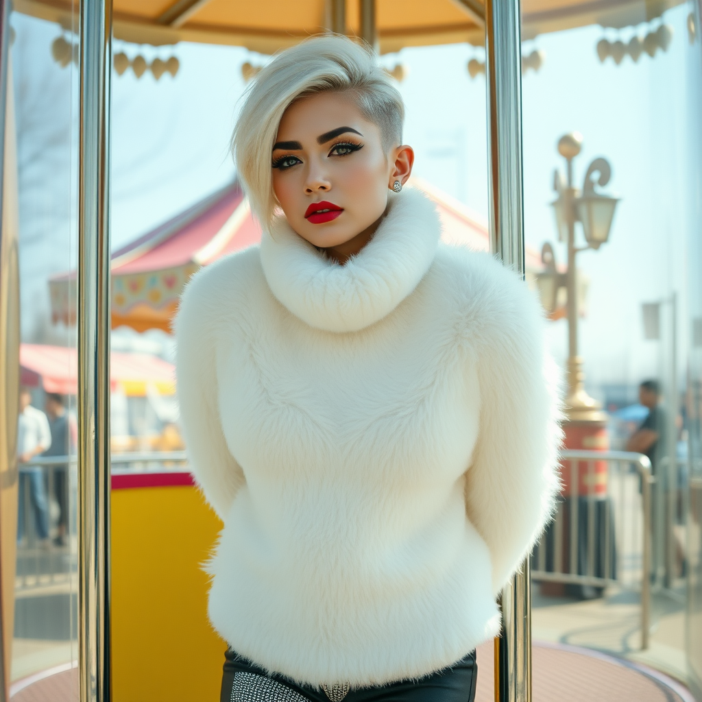 Amusement park “kissing booth”, sunny spring Sunday morning. Sam, 19 years old beautiful involuntary femboy, rebellious intractable character, petite boyish figure, platinum blond boyish rebel punk hairstyle, flawless heavily made-up face with sharp arched tattooed eyebrows, wearing Supertanya-style fluffy very fuzzy bright white angora thigh-length turtleneck-poncho fully covering body and arms, silver-glitter leggings, black leather high-heeled pumps, silver earrings, both hands tied to pole behind back, standing inside kissing booth, waiting for next customer to kiss. Focus on Sam’s face and turtleneck-poncho.