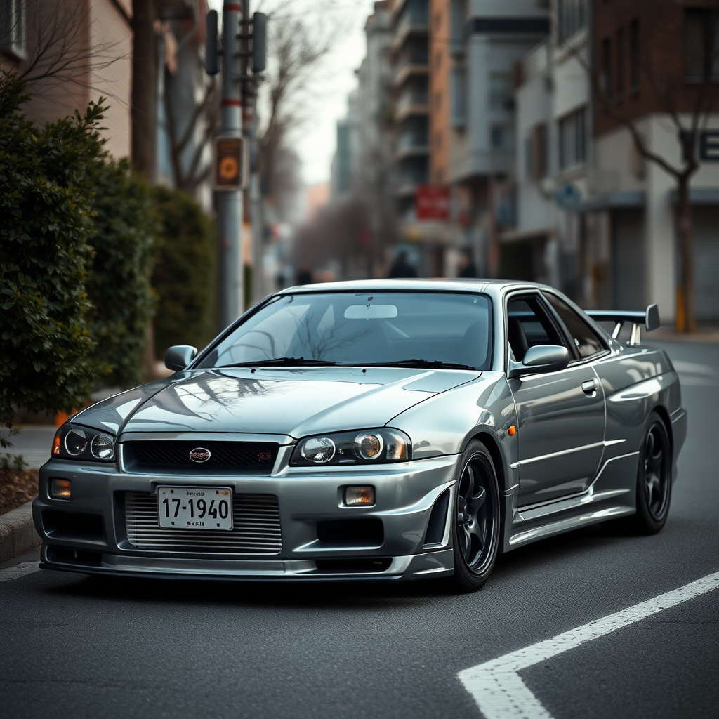 the car is parked on the side of the road, inspired by Taiyō Matsumoto, tumblr, restomod, nd4, c4 metallic shine gray black nissan skyline r34 kalabalik tokyo gece arkaplan