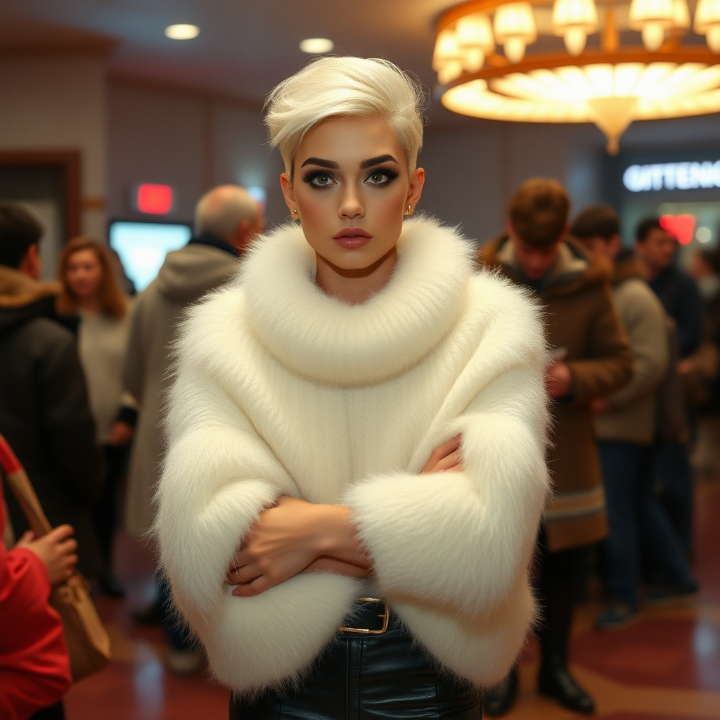 1990 winter evening, crowded cinema lobby: Sam, 19 years old beautiful involuntary femboy, rebellious intractable character, petite boyish figure, platinum blond boyish rebel punk hairstyle, flawless heavily made-up face with sharp arched tattooed eyebrows, wearing Supertanya-style fluffy very fuzzy bright white angora long turtleneck-poncho fully covering body and arms, black leather high-heeled thigh-high boots, gold earrings, puzzled alarmed, pout serious, impatiently waiting for her master. Focus on Sam’s face and turtleneck-poncho.