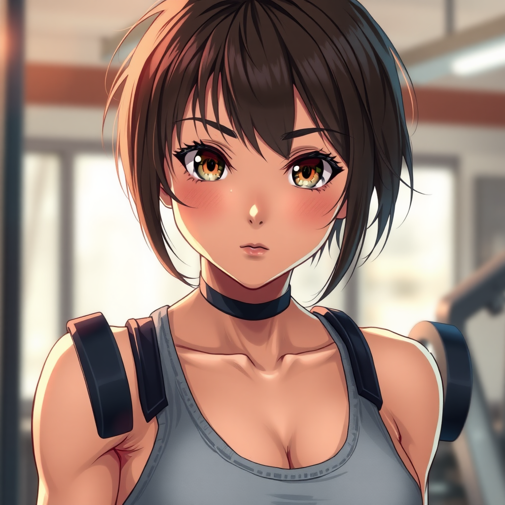 Realistic Anime style image, cute fit brunette girl, short hair, gym, sweaty, highly detailed, masterpiece, professional photo, extreme details, high resolution, hdr