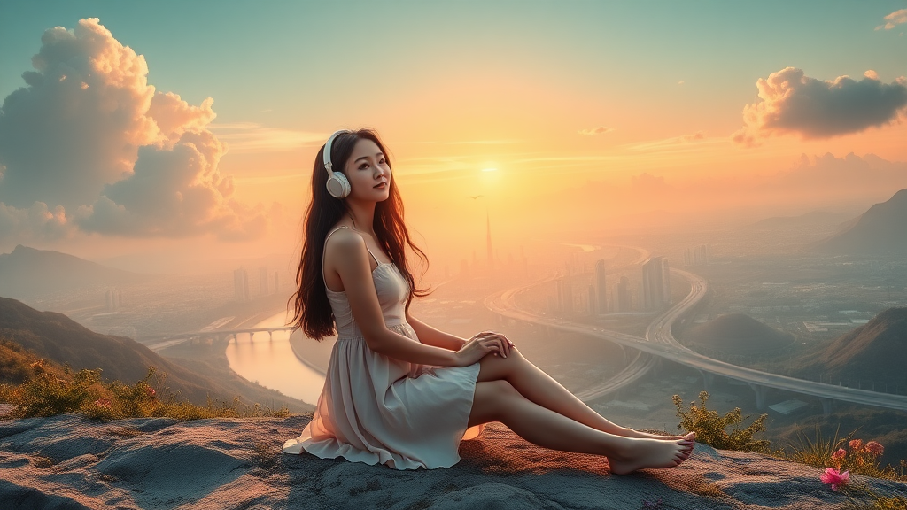 pretty asian woman with long hair in pretty short dress, sitting on the ground with headphones, on an alien planet with an alien city, nice greenery, flowers, rivers, and nice sunrise clouds, highways and streets, ultra realistic view and ultra high cinematic detail