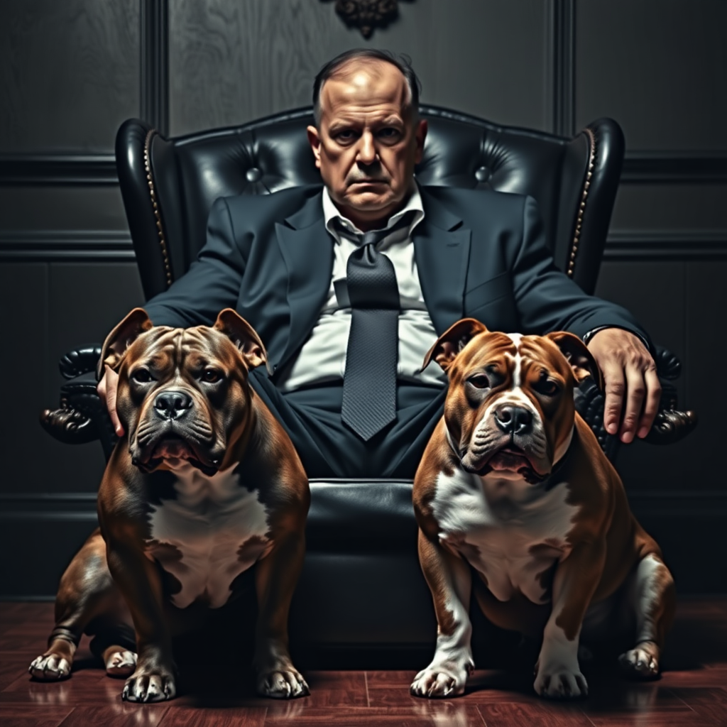 Two pit bulls are sitting at his feet. The mafia boss is glaring straight ahead. The mafia boss is sitting in a black, luxurious chair. The image has a dim atmosphere.